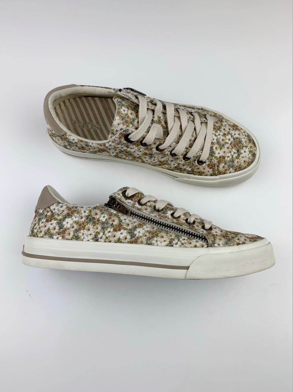 Taos Z Soul Sneakers Comfort Brown Cream Floral Zipper Lace Up Women's 7.5